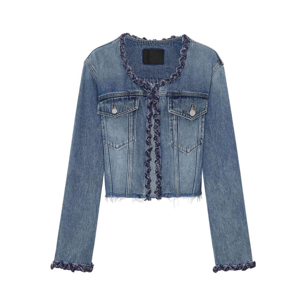 Mo&Co Cropped Collarless Denim Jacket Size Small Woven Trim Raw Hem